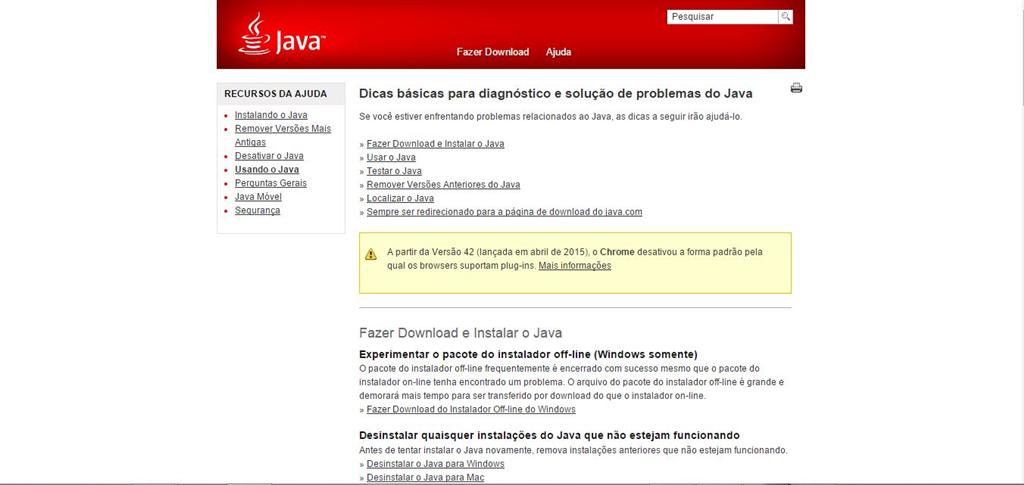 Página de verificação do plug-in java